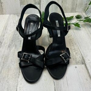 MANOLO BLAHNIK Rosio 90mm Leather Sandals, Black (Size 39) - $845.00!